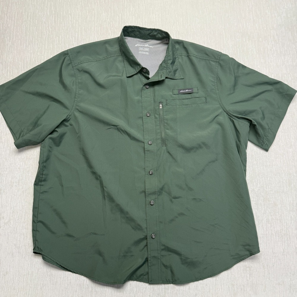Eddie Bauer Vented Fishing Shirt Woven Tech Mens 2XL Duck Green Mesh Lined Camp